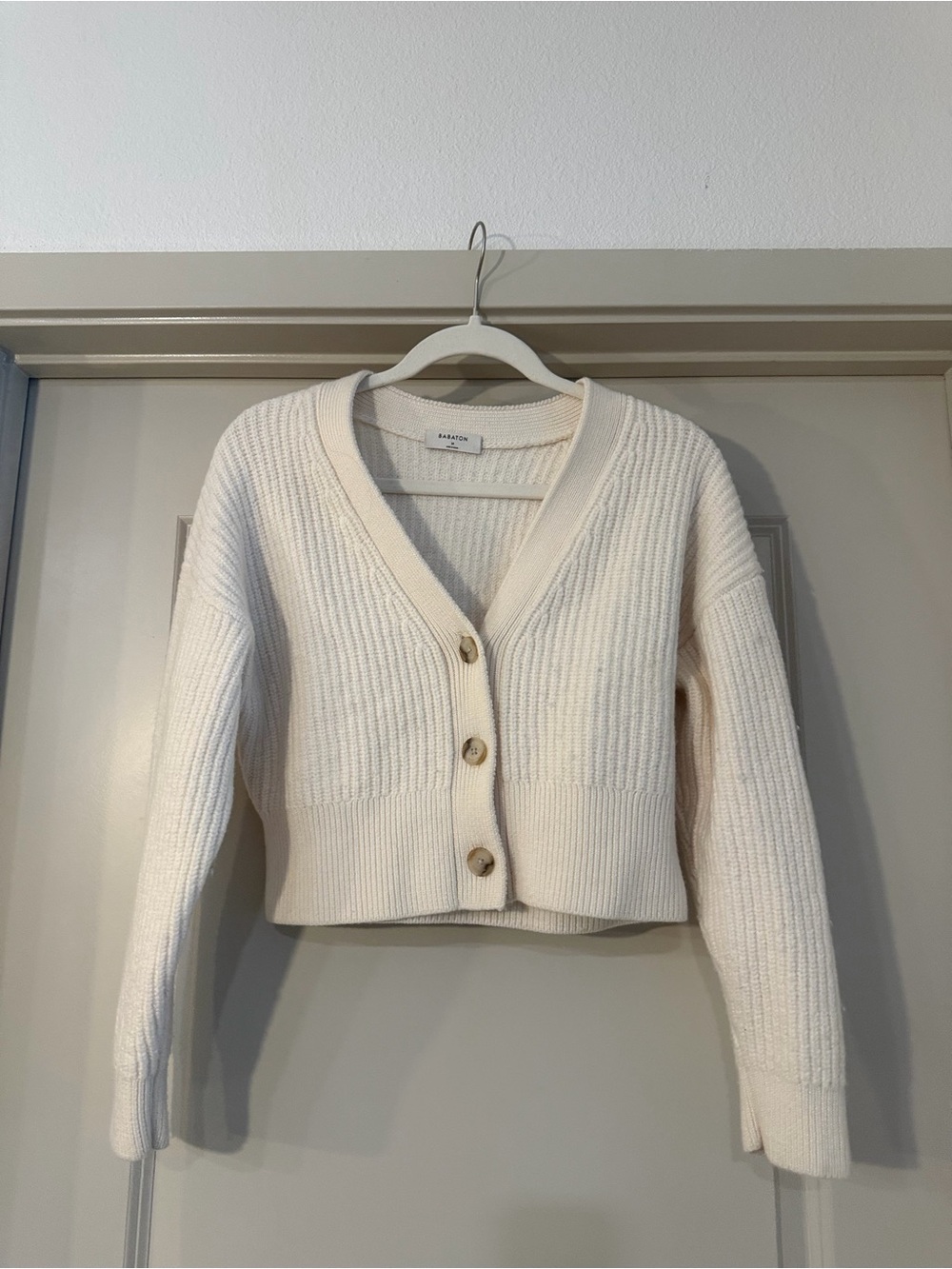 Aritzia Ivory Cropped Ribbed V-Neck Button Cardigan